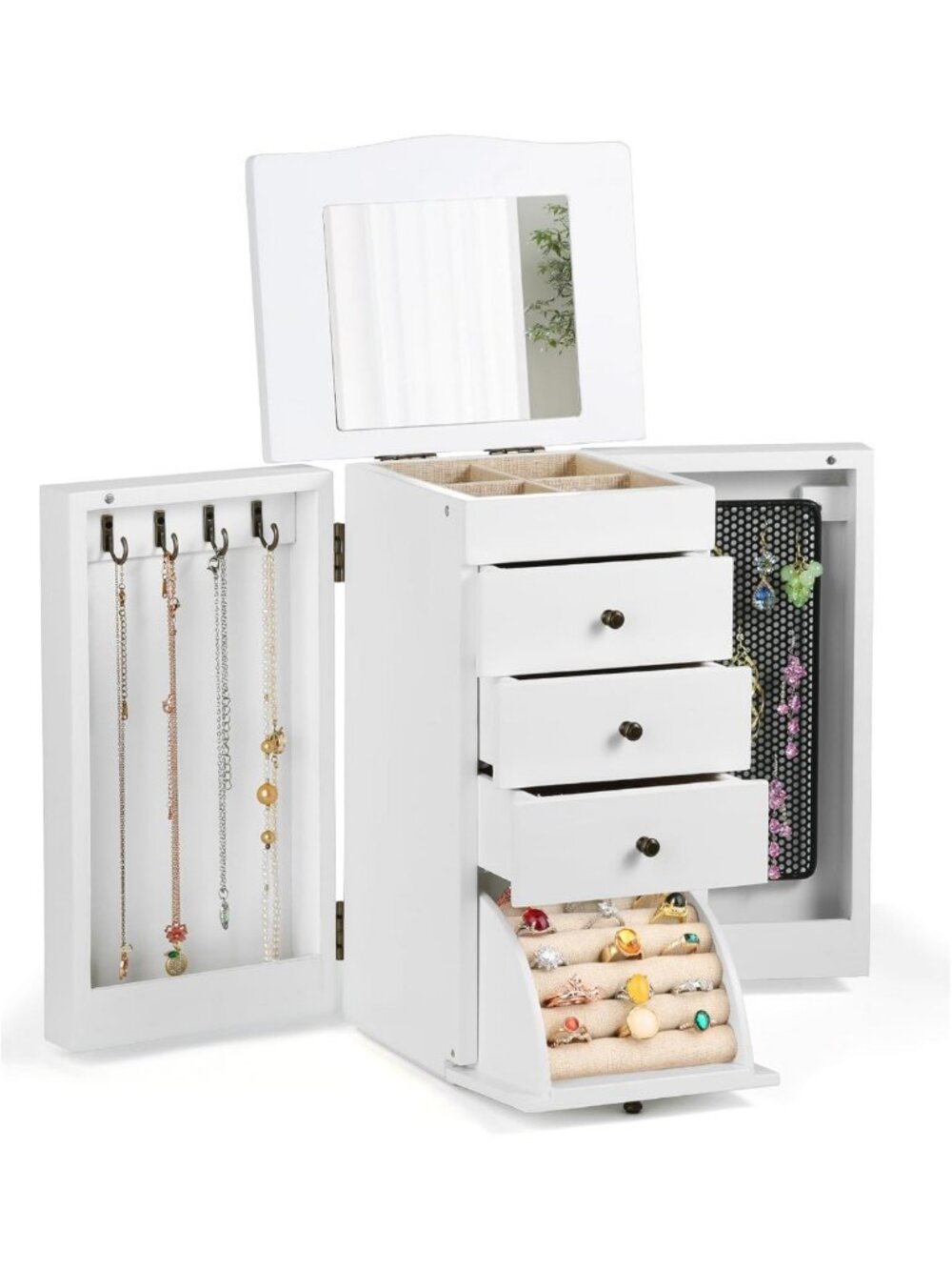 Elegant 5-Layer Wooden Jewelry Organizer Box with Mirror & Drawers for Women